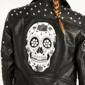 Zara Womens Moto Jacket Black Faux Leather Studded Skull Asymmetrical Zip XS